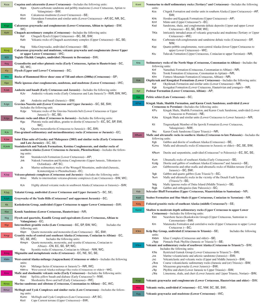 Key of Cretaceous rock units in Alaska